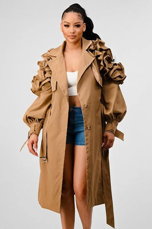 All the Frills- Ruffled Sleeve Trench Coat-Plus Size