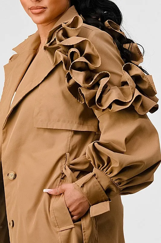 All the Frills- Ruffled Sleeve Trench Coat-Plus Size