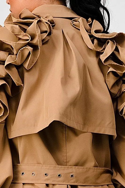 All the Frills- Ruffled Sleeve Trench Coat-Plus Size
