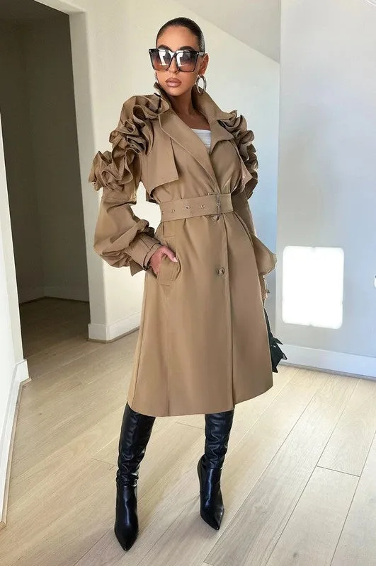 All the Frills- Ruffled Sleeve Trench Coat-Plus Size