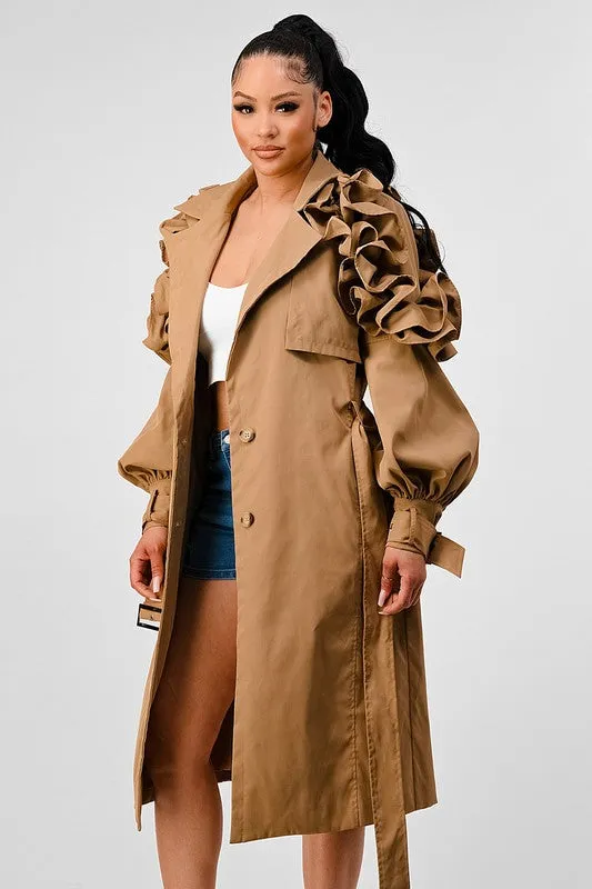 All the Frills- Ruffled Sleeve Trench Coat-Plus Size
