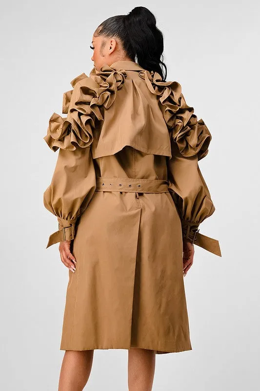 All the Frills- Ruffled Sleeve Trench Coat-Plus Size
