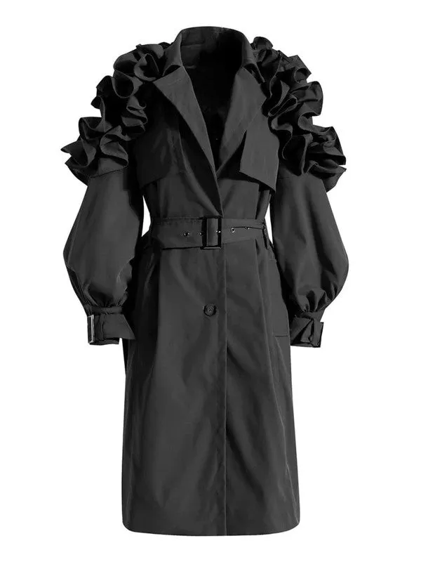 All the Frills- Ruffled Sleeve Trench Coat-Plus Size