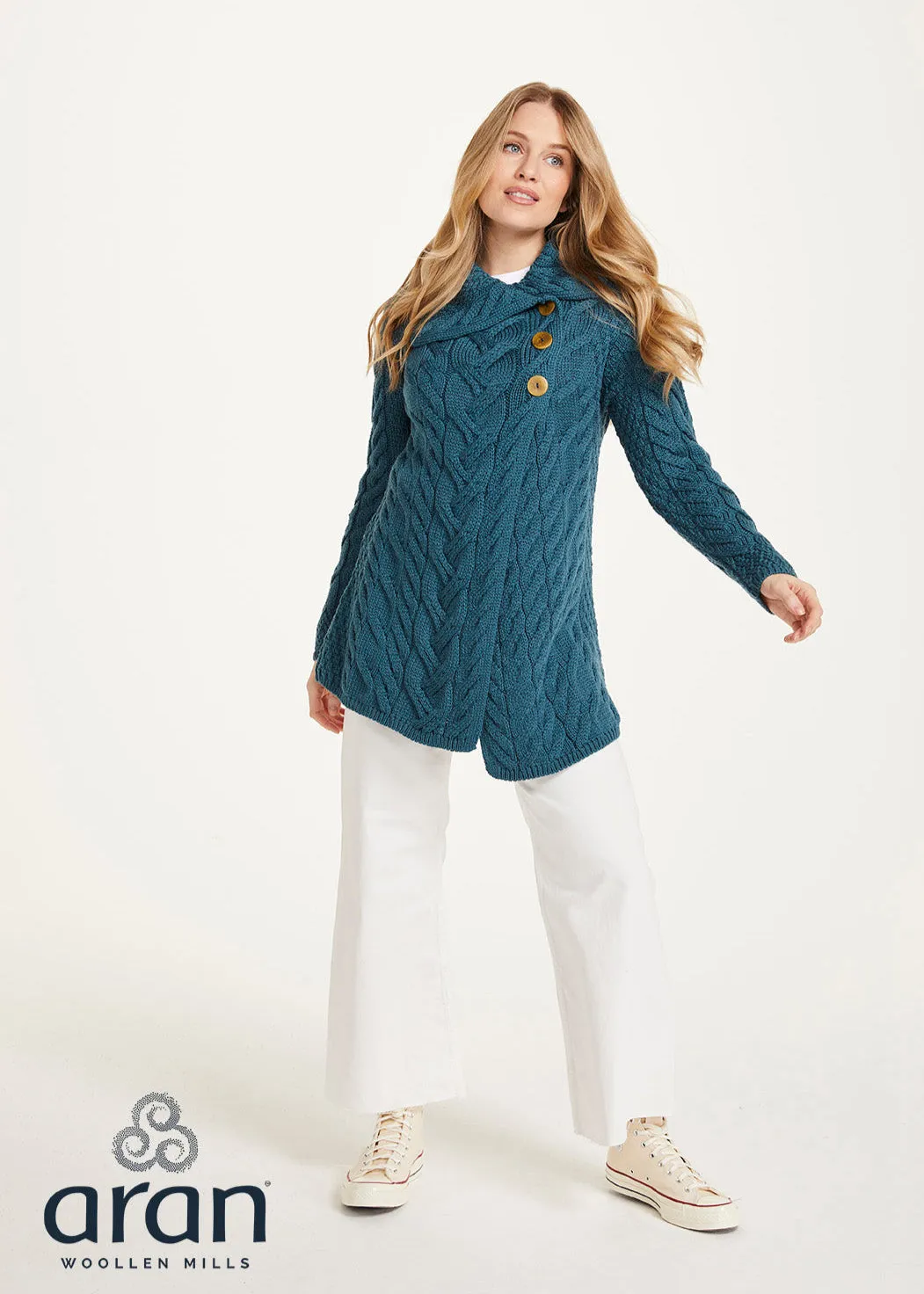 Aran 3 Buttoned Longline Cardigan | Irish Sea