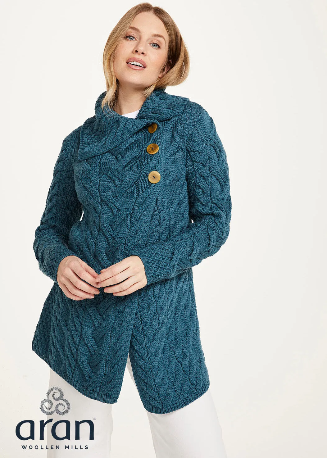 Aran 3 Buttoned Longline Cardigan | Irish Sea