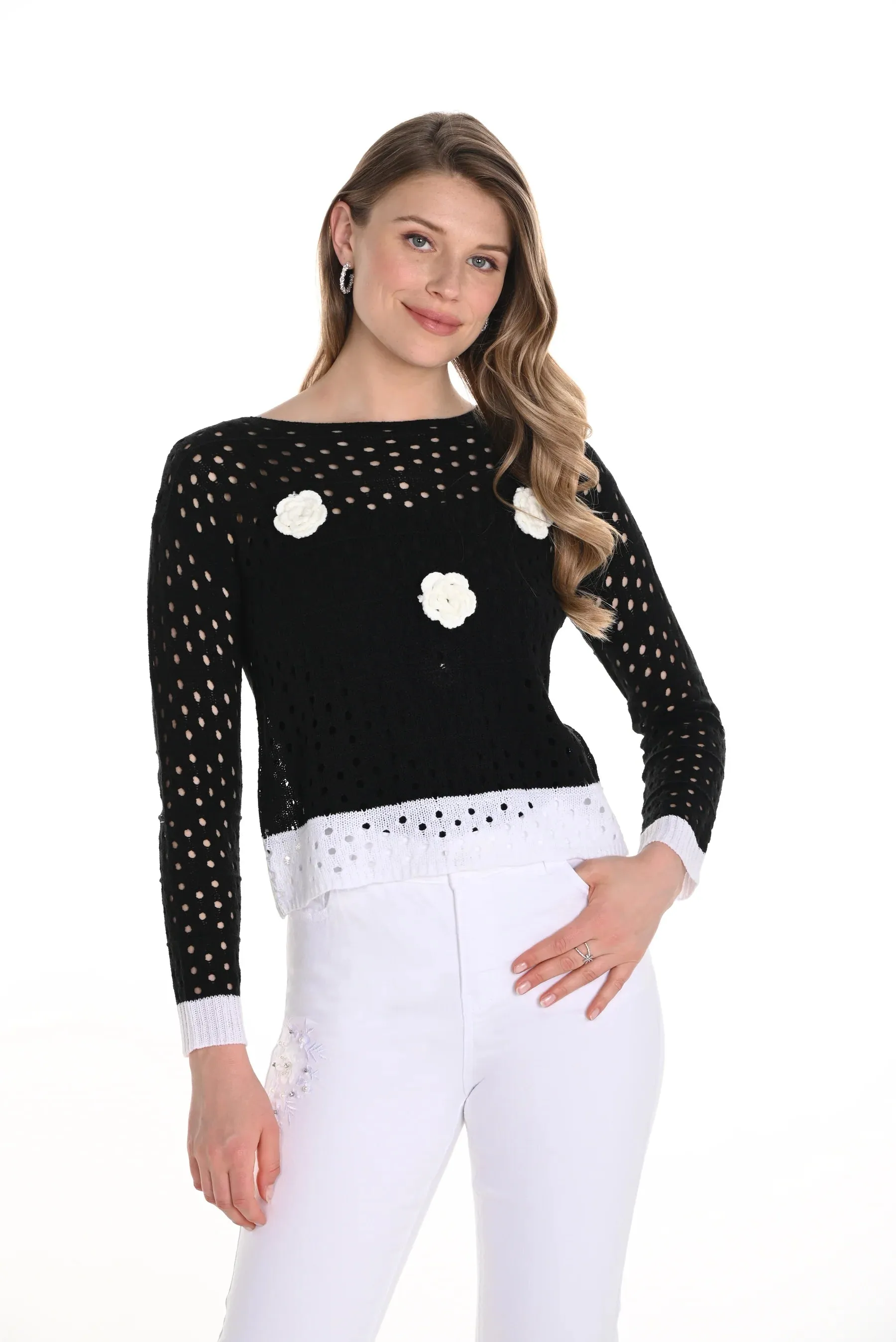 Berdine Black and White Floral Open Knit Top - Frank Lyman 256745U