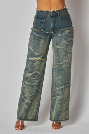 Bobbie Wrinkled Bleach Straight Leg Denim Jean Pants