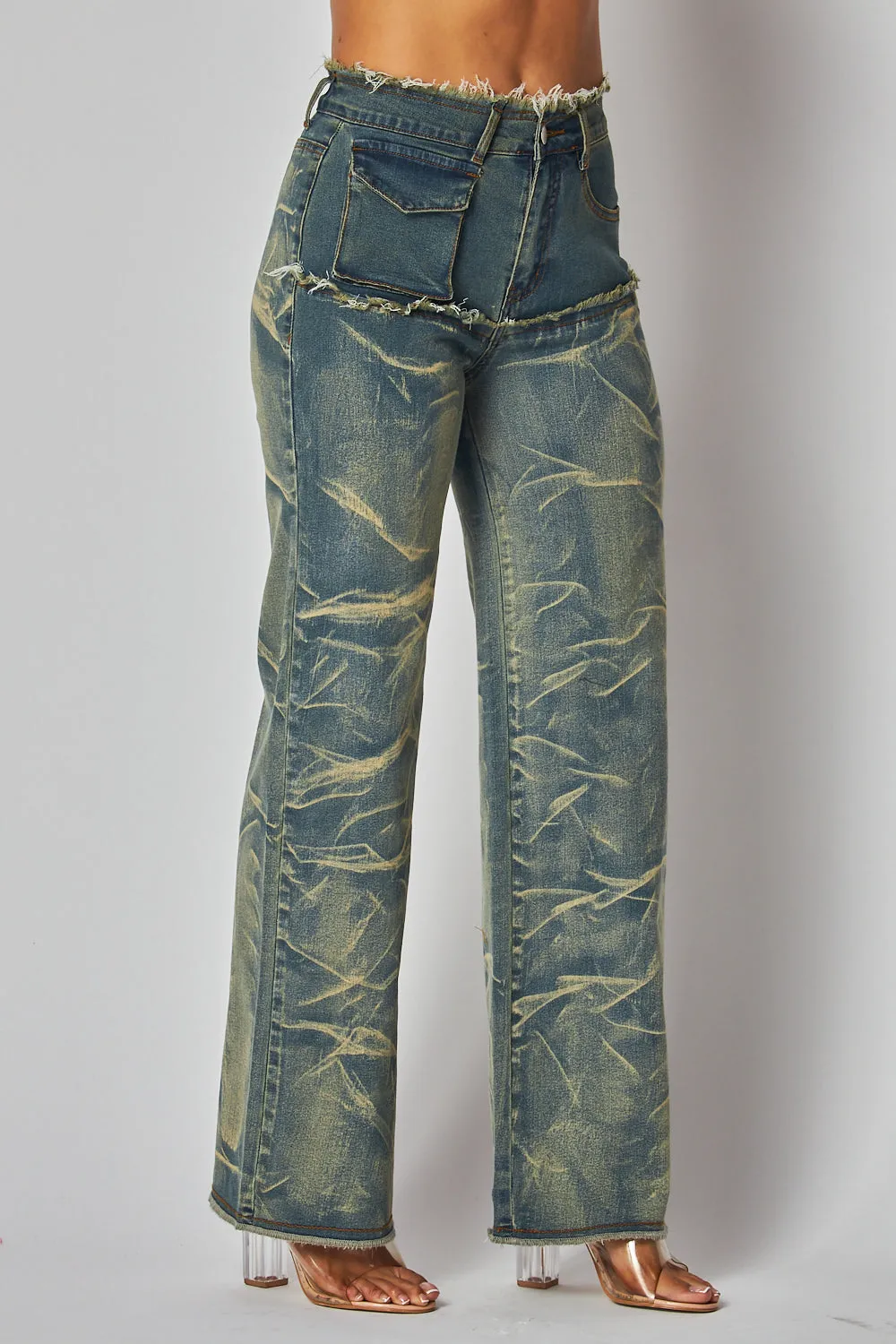 Bobbie Wrinkled Bleach Straight Leg Denim Jean Pants