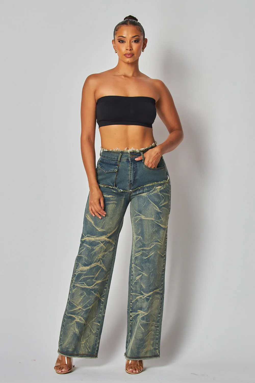 Bobbie Wrinkled Bleach Straight Leg Denim Jean Pants