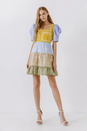 Colorblock Paisley Mini Dress
