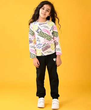 COLORFUL HAPPINESS T-SHIRT AND BLACK HEART WARM FLEECE JOGGER SET - WHITE/BLACK