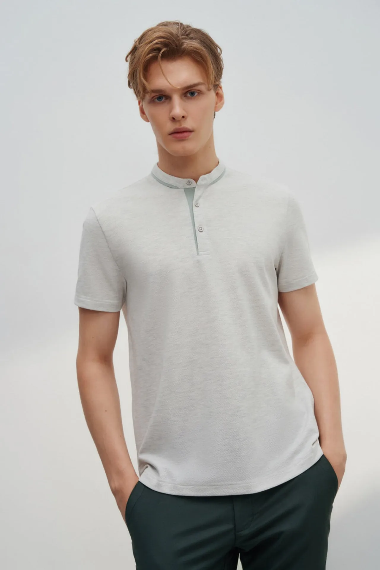Cotton Blend Smart Fit Jacquard Short Sleeve Stand Collar Polo Tee