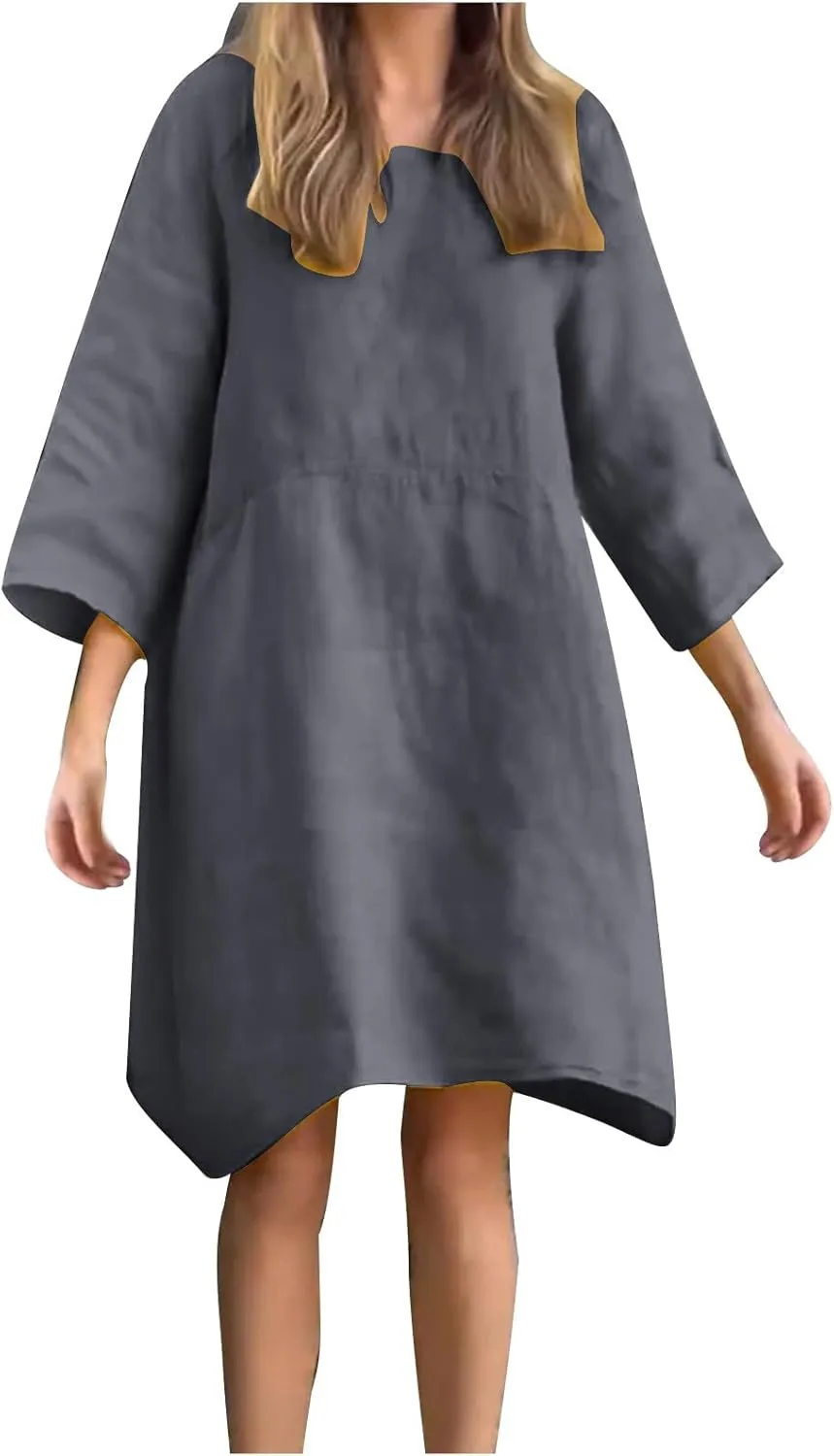 Cotton Linen Midi Dress for Women Casual 3/4 Sleeve Crew Neck Shift Dress Knee Length Loose Solid Dresses Plus Size