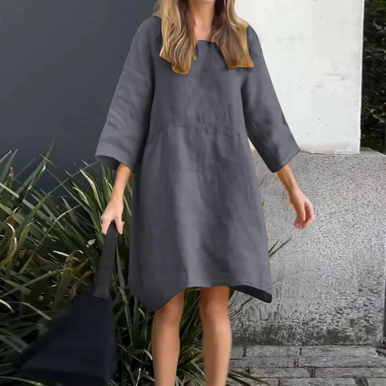 Cotton Linen Midi Dress for Women Casual 3/4 Sleeve Crew Neck Shift Dress Knee Length Loose Solid Dresses Plus Size