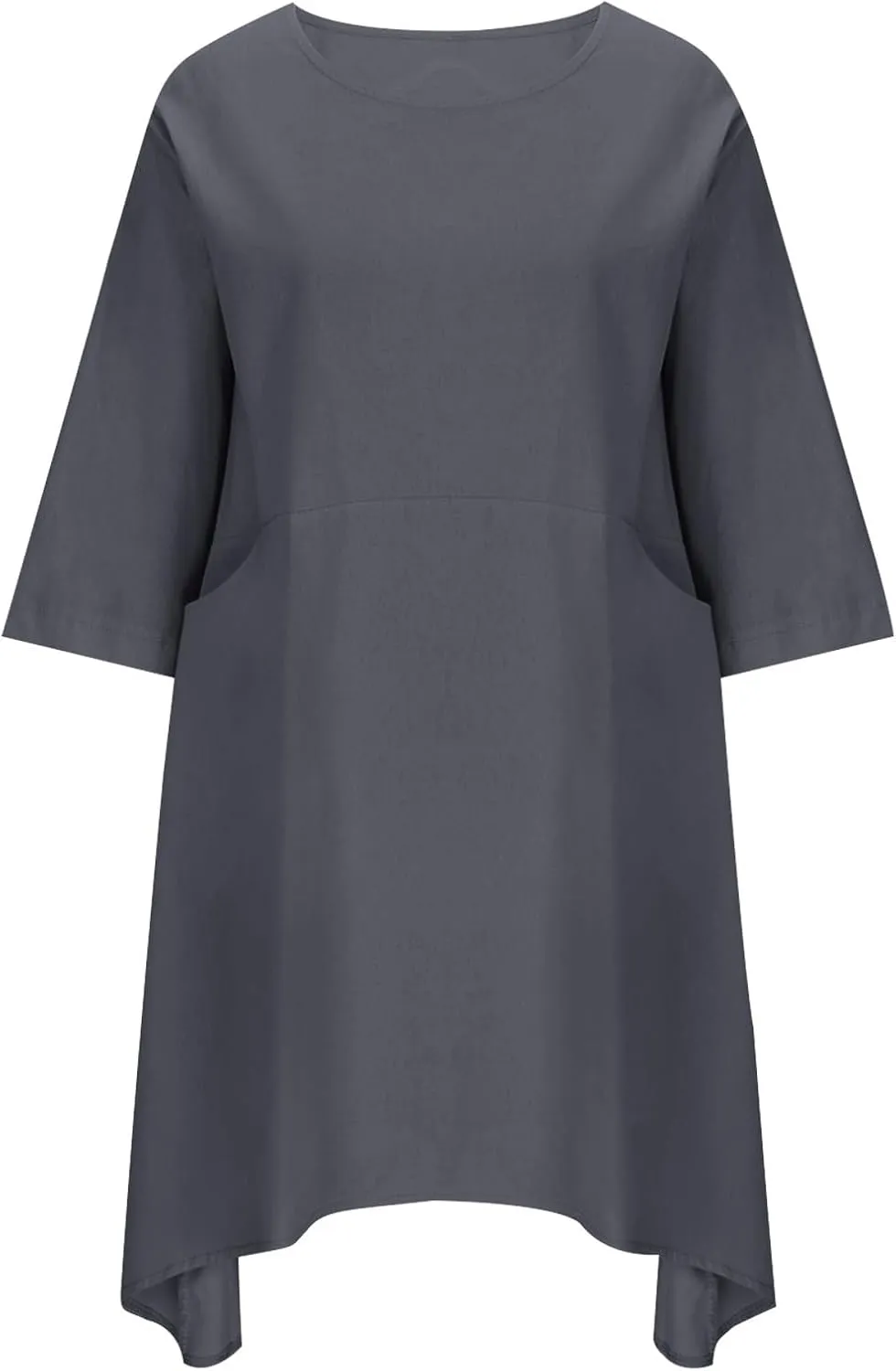 Cotton Linen Midi Dress for Women Casual 3/4 Sleeve Crew Neck Shift Dress Knee Length Loose Solid Dresses Plus Size