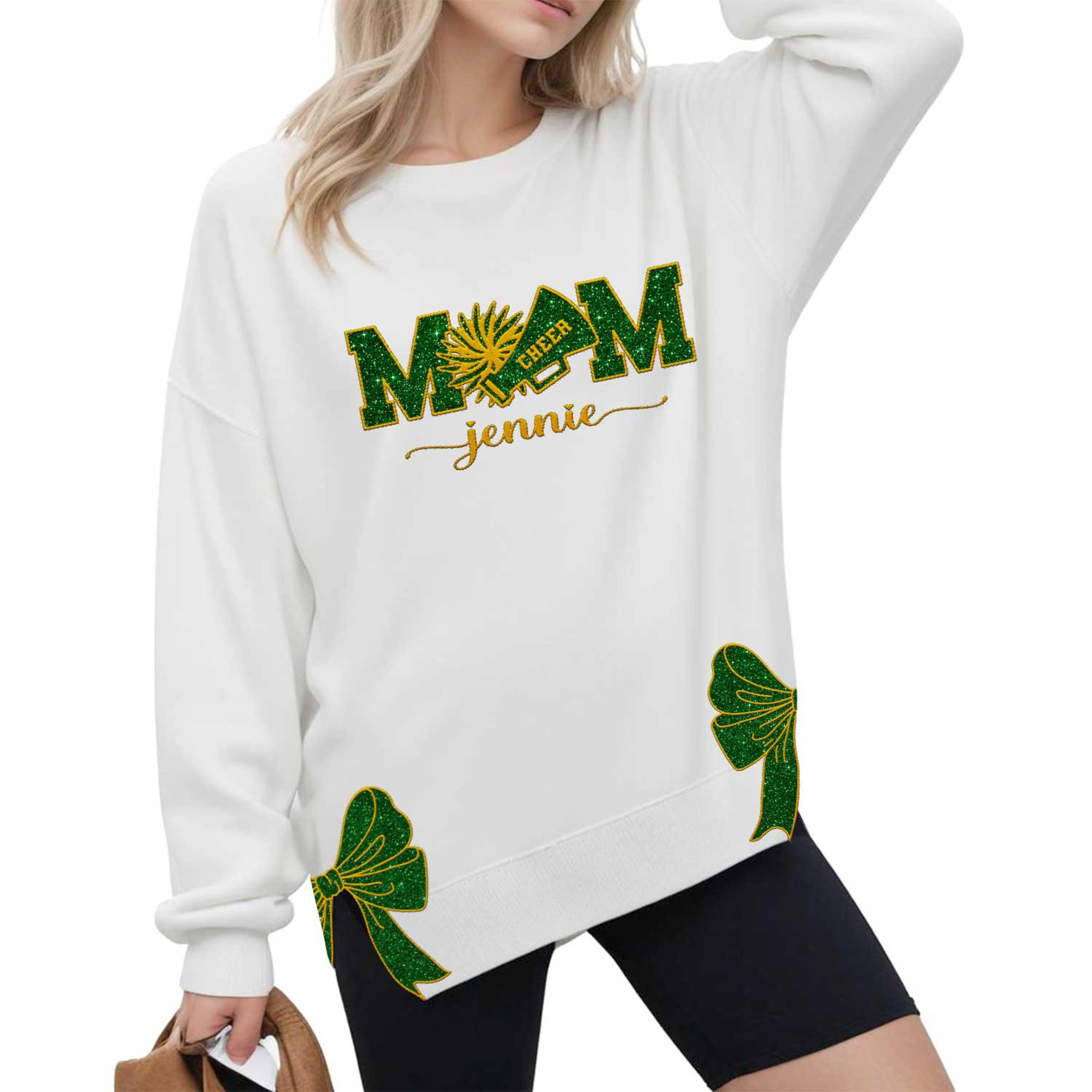 Custom Cheer Mom Side Bow Cut-Out Sweatshirt With Glitter, Trendy Coquette Bow, Cheer Mom Sweatshirt Cheer Gift Glitter Cheerleader Coquette