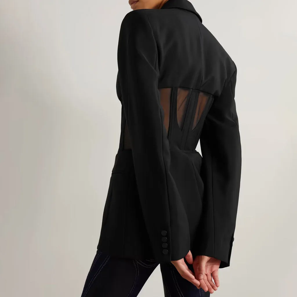 Distinct Lapel Hook and Eye Sheer Mesh Corset Shoulder Pad Long Sleeve Tailored Blazer