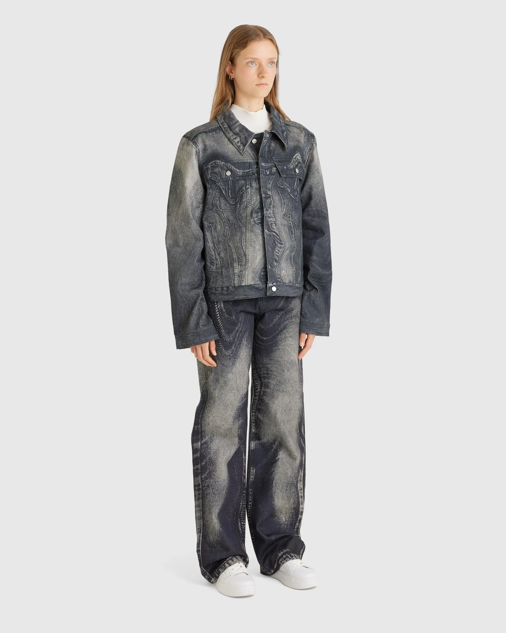 Distorted Print Denim Jacket Faded Black (W)