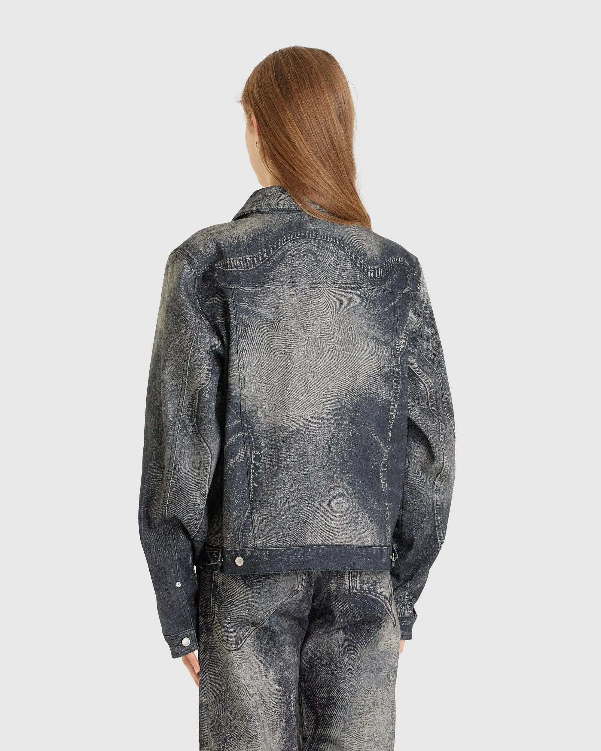 Distorted Print Denim Jacket Faded Black (W)