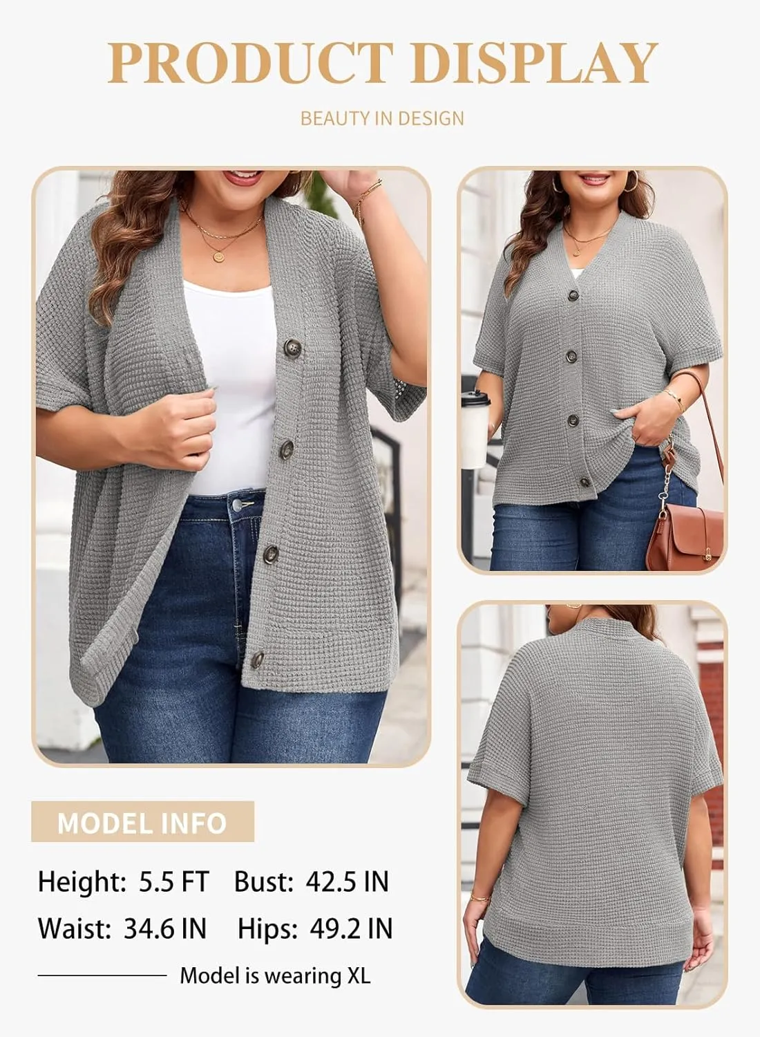 Eytino Womens Plus Size Tops Casual V Neck Short Sleeve Waffle Knit Button Down Shirts(1X-5X)