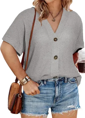 Eytino Womens Plus Size Tops Casual V Neck Short Sleeve Waffle Knit Button Down Shirts(1X-5X)