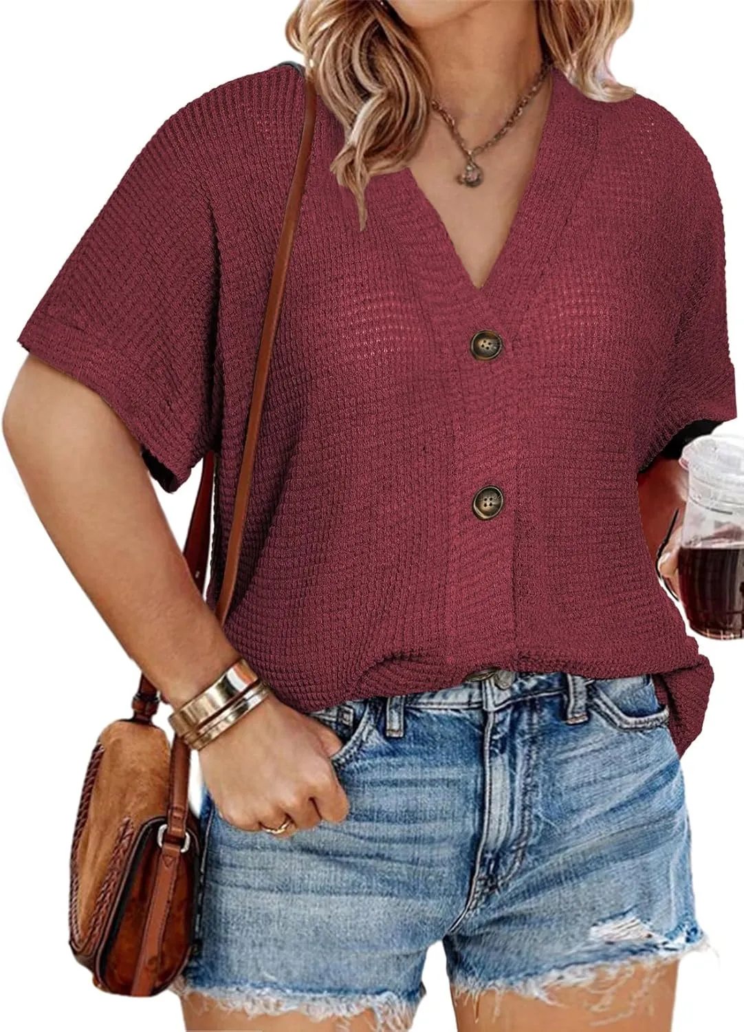 Eytino Womens Plus Size Tops Casual V Neck Short Sleeve Waffle Knit Button Down Shirts(1X-5X)