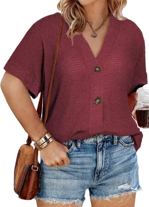Eytino Womens Plus Size Tops Casual V Neck Short Sleeve Waffle Knit Button Down Shirts(1X-5X)