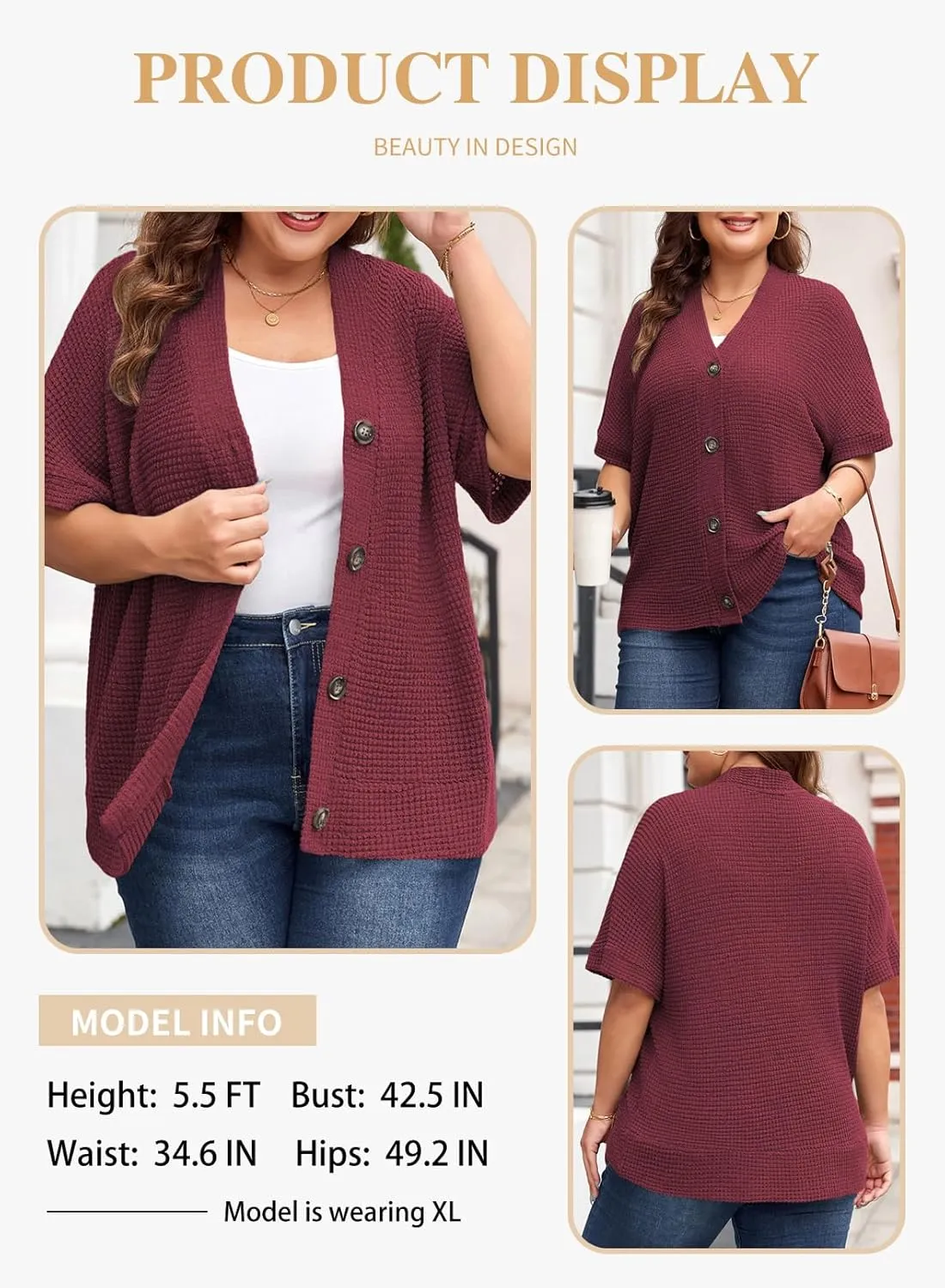 Eytino Womens Plus Size Tops Casual V Neck Short Sleeve Waffle Knit Button Down Shirts(1X-5X)