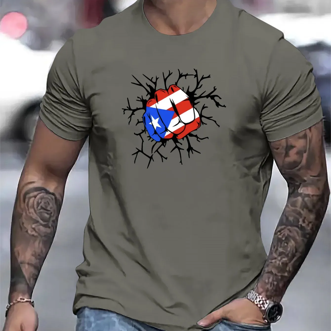 Flag Of Puerto Rico Fist Print T Shirt, Tees For Men, Casual Short Sleeve T-shirt For Summer