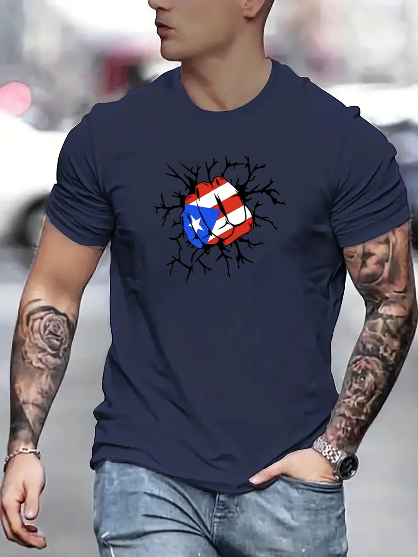 Flag Of Puerto Rico Fist Print T Shirt, Tees For Men, Casual Short Sleeve T-shirt For Summer