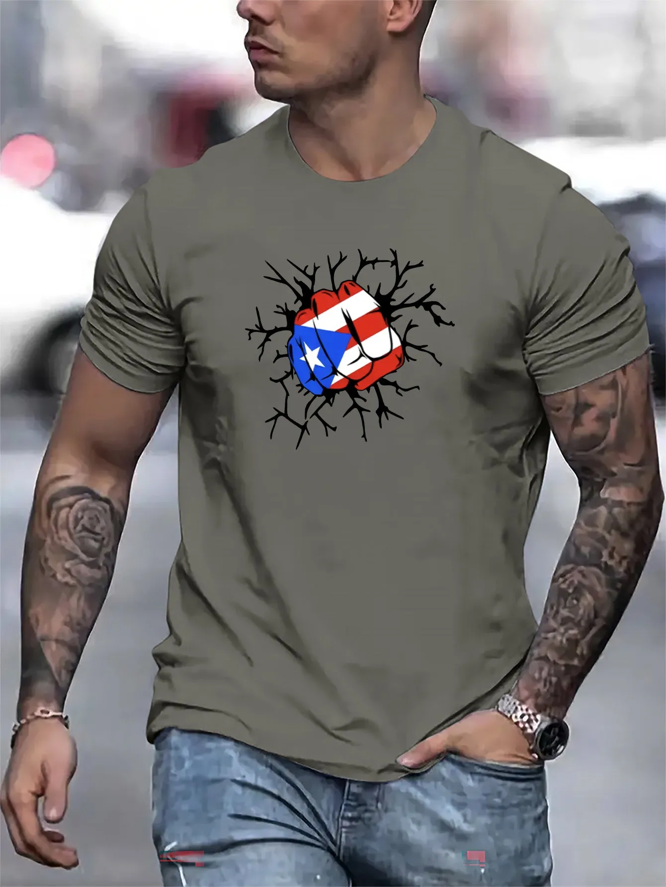 Flag Of Puerto Rico Fist Print T Shirt, Tees For Men, Casual Short Sleeve T-shirt For Summer