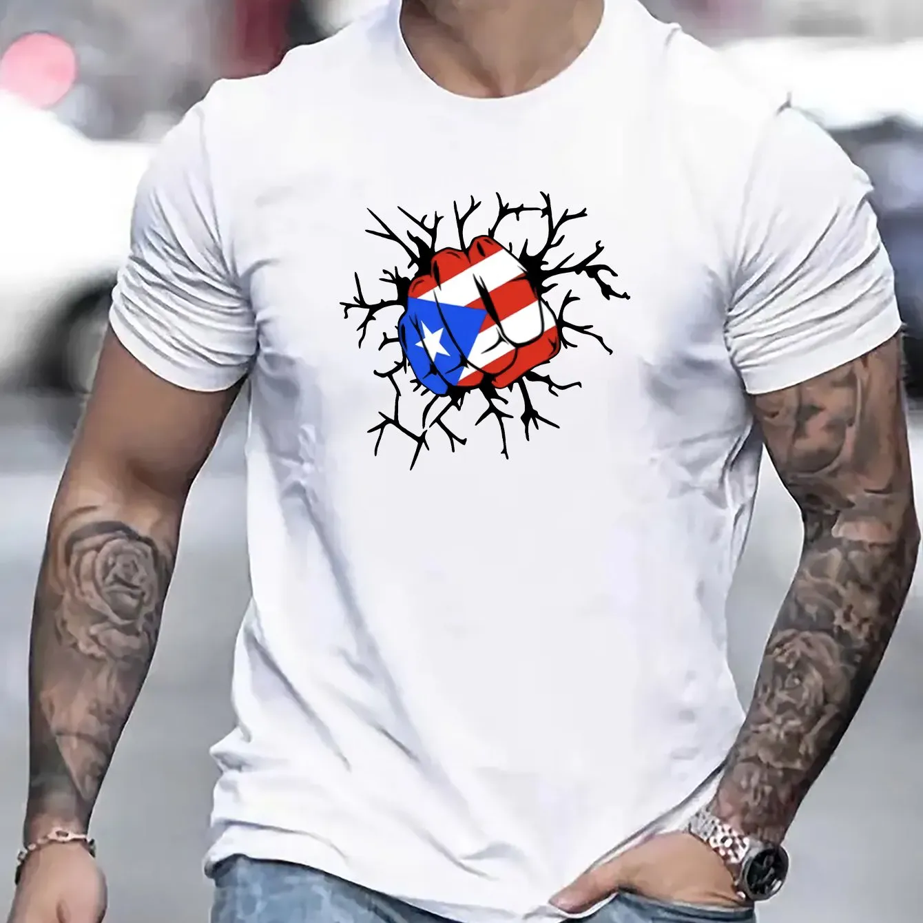 Flag Of Puerto Rico Fist Print T Shirt, Tees For Men, Casual Short Sleeve T-shirt For Summer