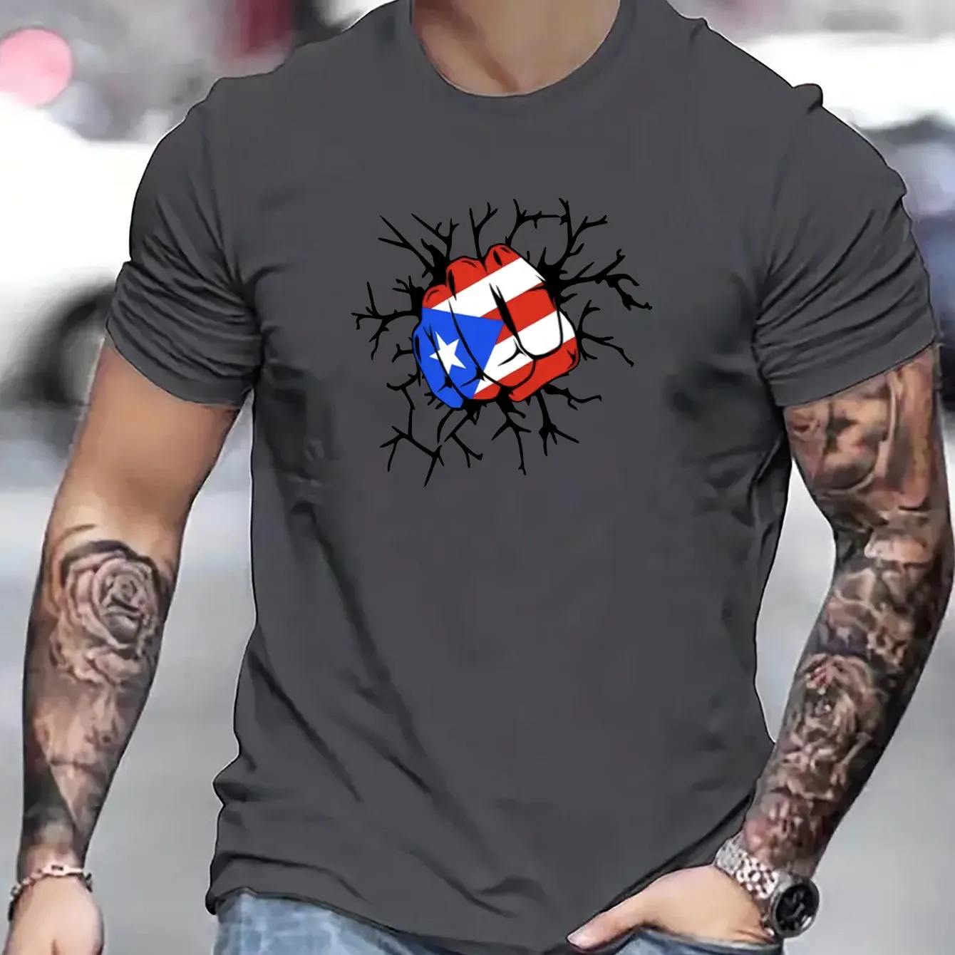 Flag Of Puerto Rico Fist Print T Shirt, Tees For Men, Casual Short Sleeve T-shirt For Summer