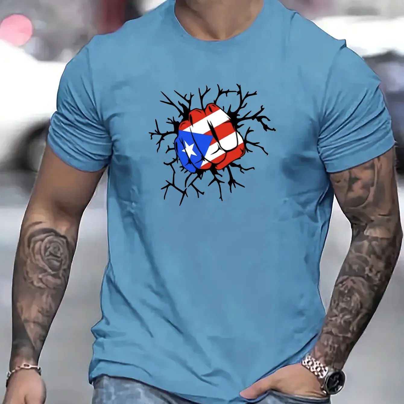 Flag Of Puerto Rico Fist Print T Shirt, Tees For Men, Casual Short Sleeve T-shirt For Summer