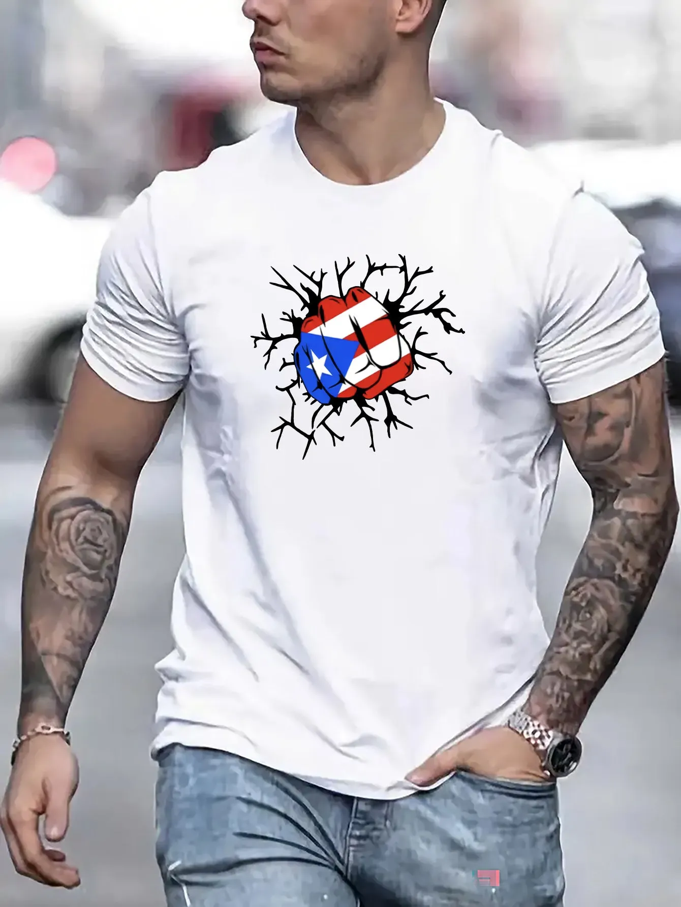 Flag Of Puerto Rico Fist Print T Shirt, Tees For Men, Casual Short Sleeve T-shirt For Summer