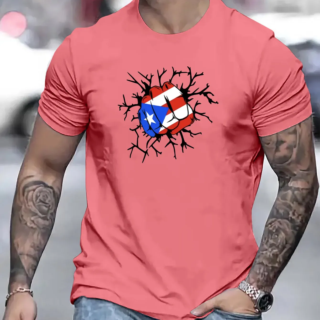 Flag Of Puerto Rico Fist Print T Shirt, Tees For Men, Casual Short Sleeve T-shirt For Summer