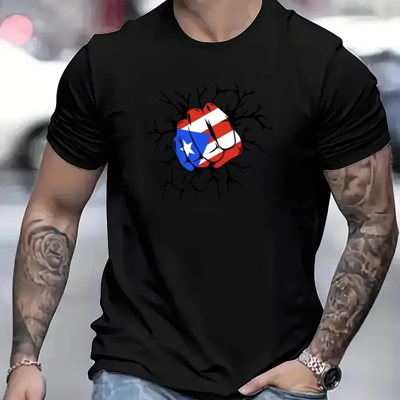 Flag Of Puerto Rico Fist Print T Shirt, Tees For Men, Casual Short Sleeve T-shirt For Summer