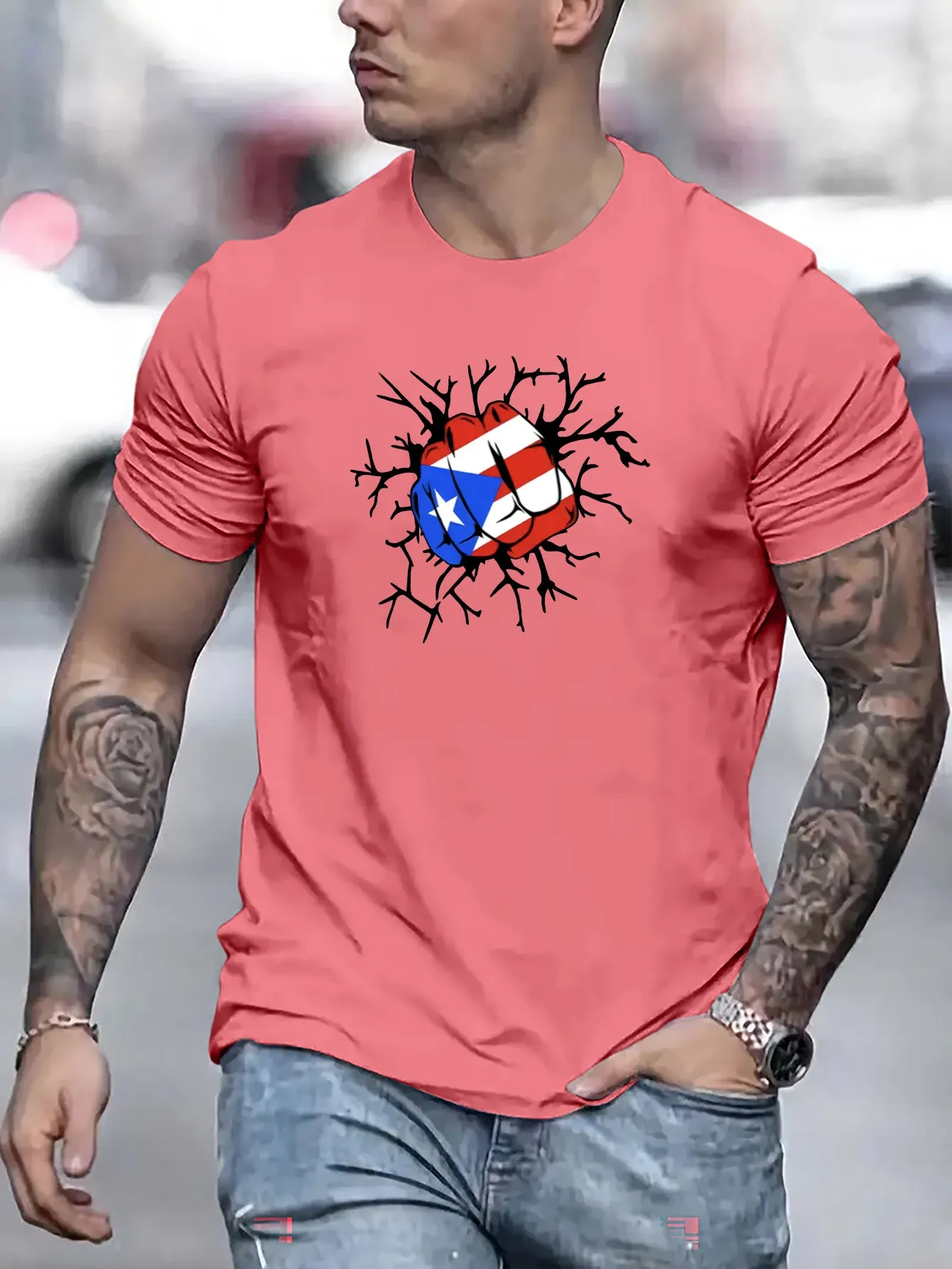 Flag Of Puerto Rico Fist Print T Shirt, Tees For Men, Casual Short Sleeve T-shirt For Summer