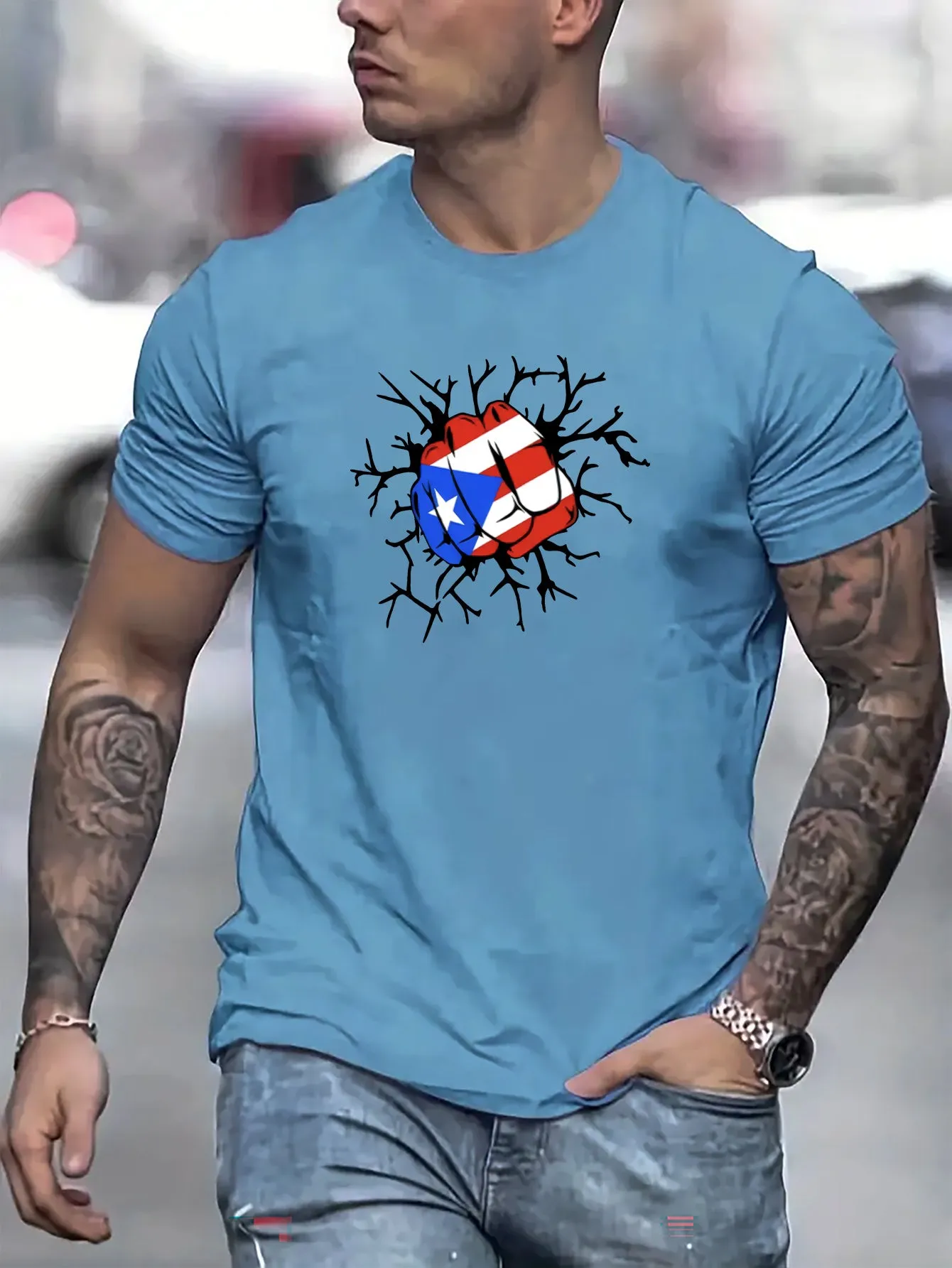 Flag Of Puerto Rico Fist Print T Shirt, Tees For Men, Casual Short Sleeve T-shirt For Summer