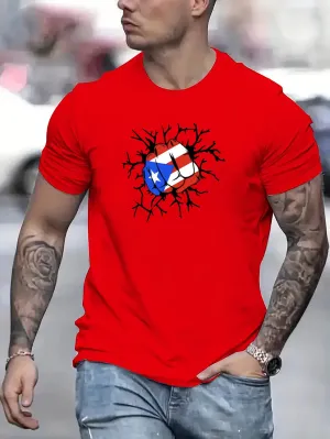 Flag Of Puerto Rico Fist Print T Shirt, Tees For Men, Casual Short Sleeve T-shirt For Summer