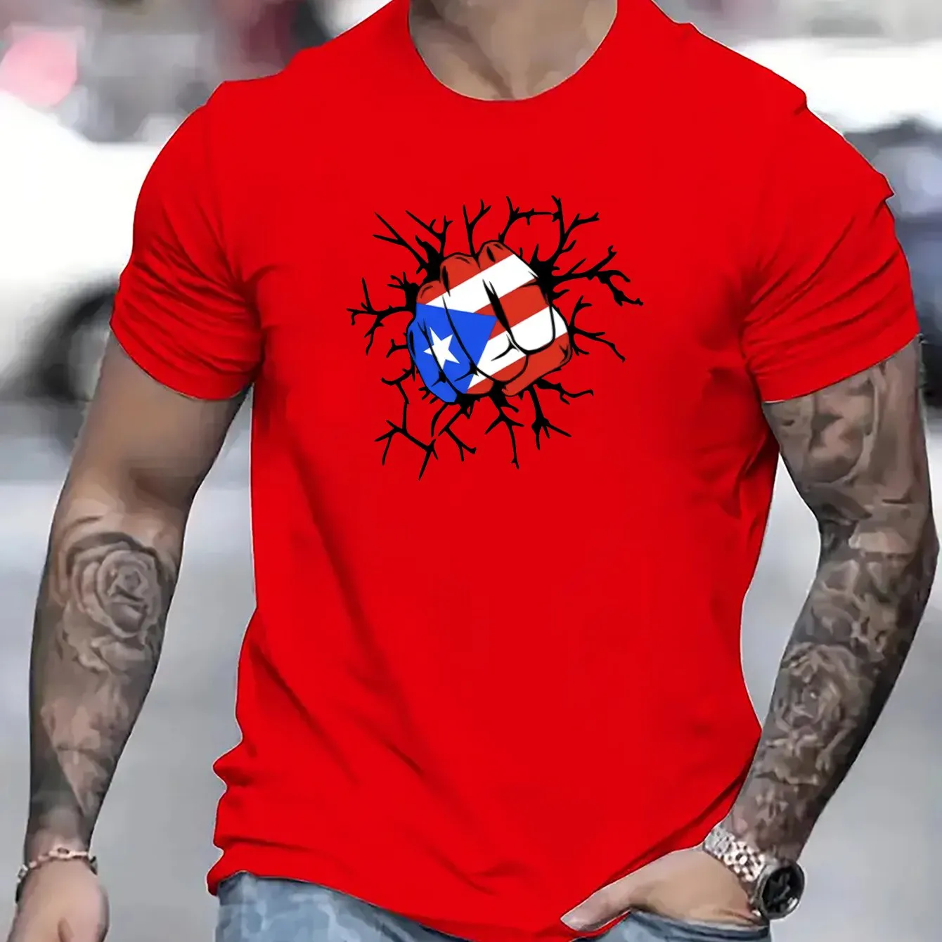 Flag Of Puerto Rico Fist Print T Shirt, Tees For Men, Casual Short Sleeve T-shirt For Summer