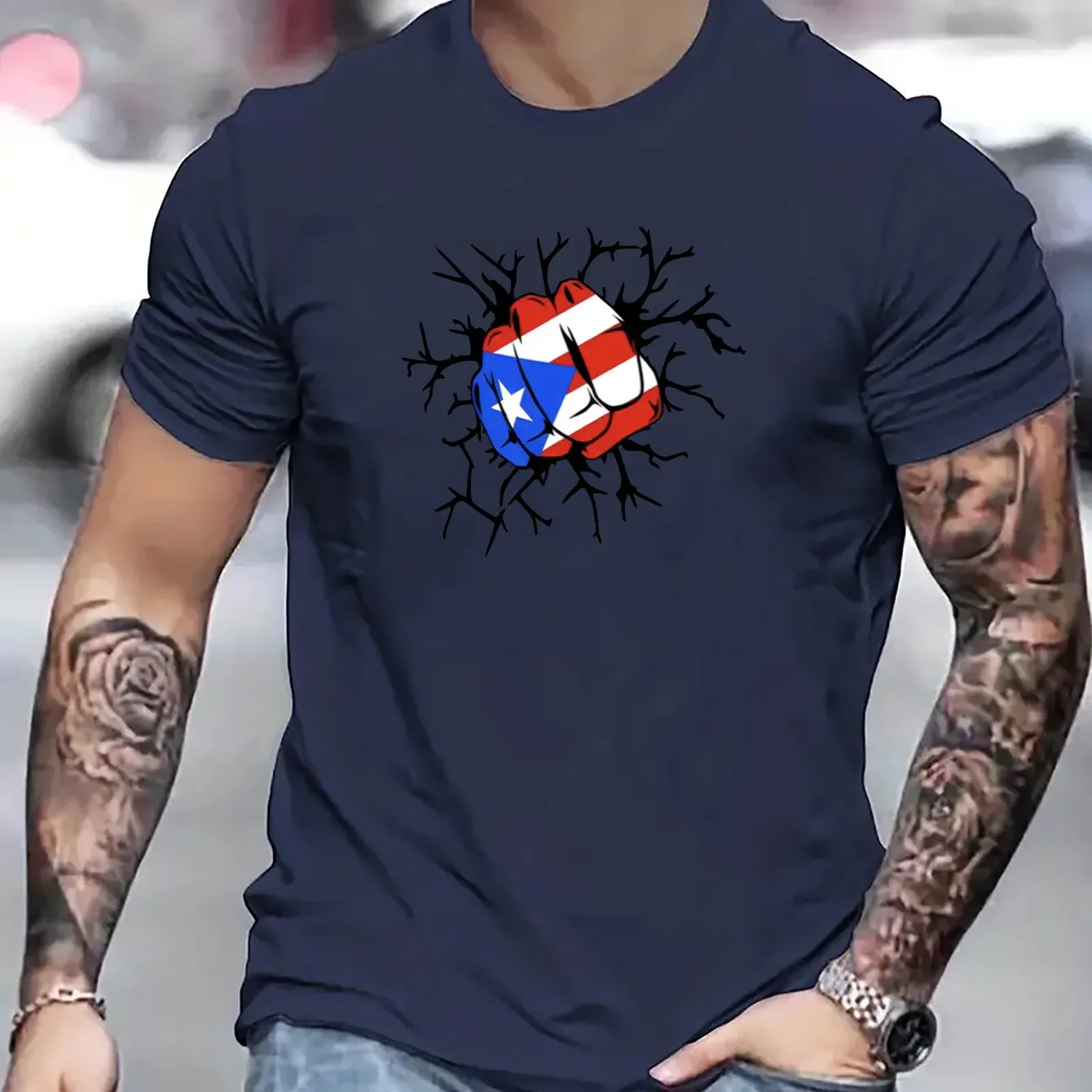 Flag Of Puerto Rico Fist Print T Shirt, Tees For Men, Casual Short Sleeve T-shirt For Summer