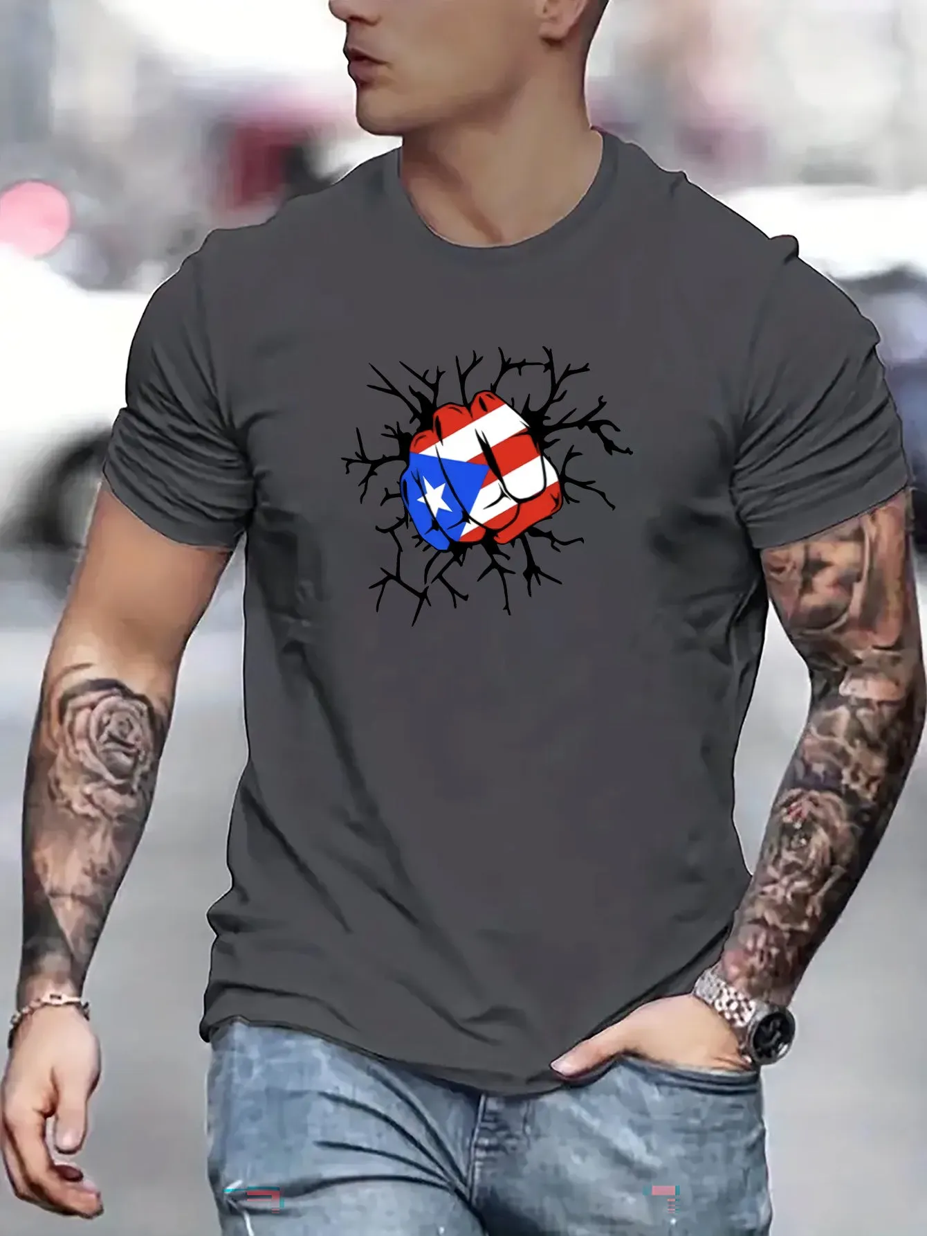 Flag Of Puerto Rico Fist Print T Shirt, Tees For Men, Casual Short Sleeve T-shirt For Summer
