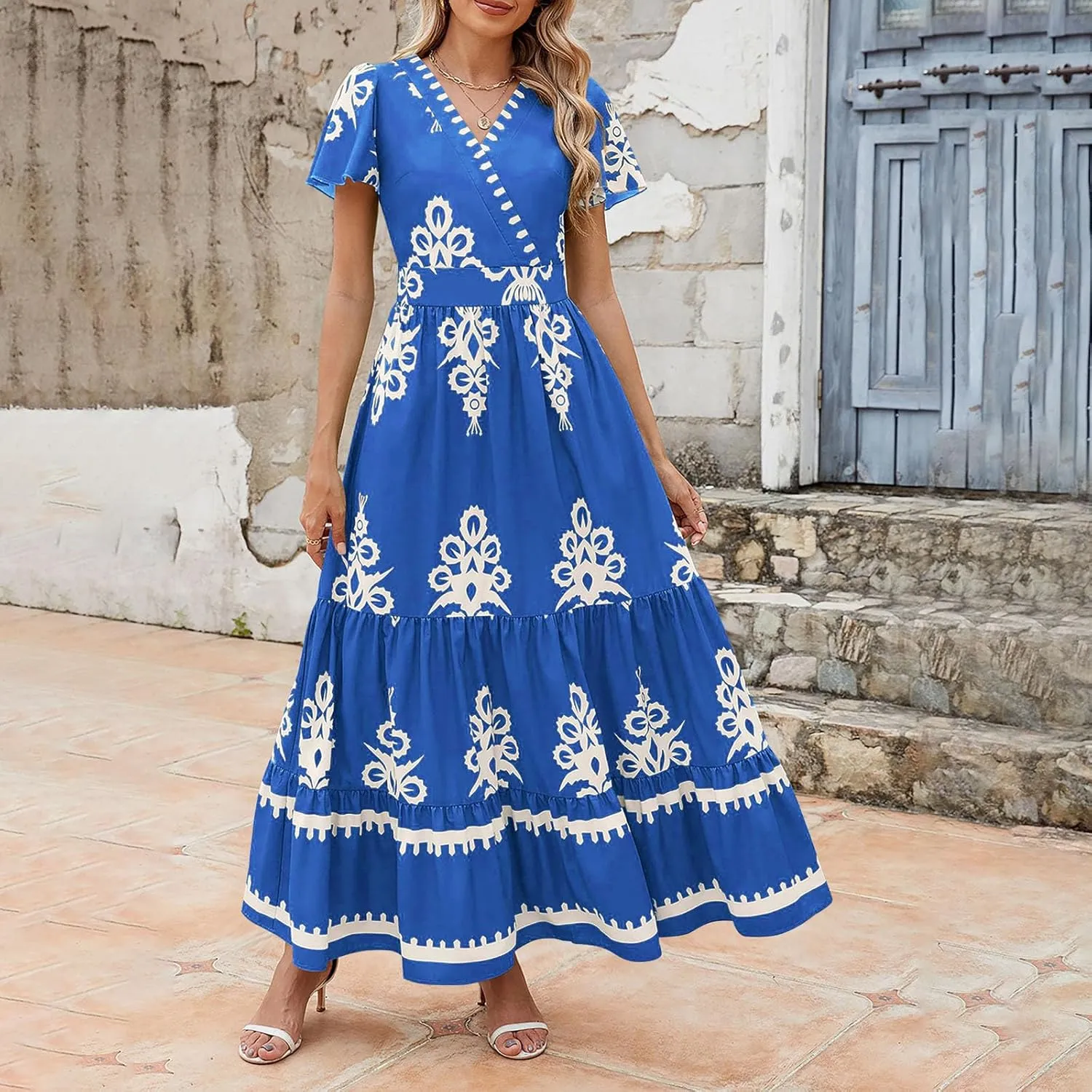 Flowy Dresses for Women V Neck Waist-Length Flowy a-Line Mini Dress Casual Loose Swing Midi Dresses with Pockets