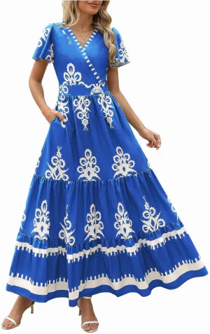 Flowy Dresses for Women V Neck Waist-Length Flowy a-Line Mini Dress Casual Loose Swing Midi Dresses with Pockets