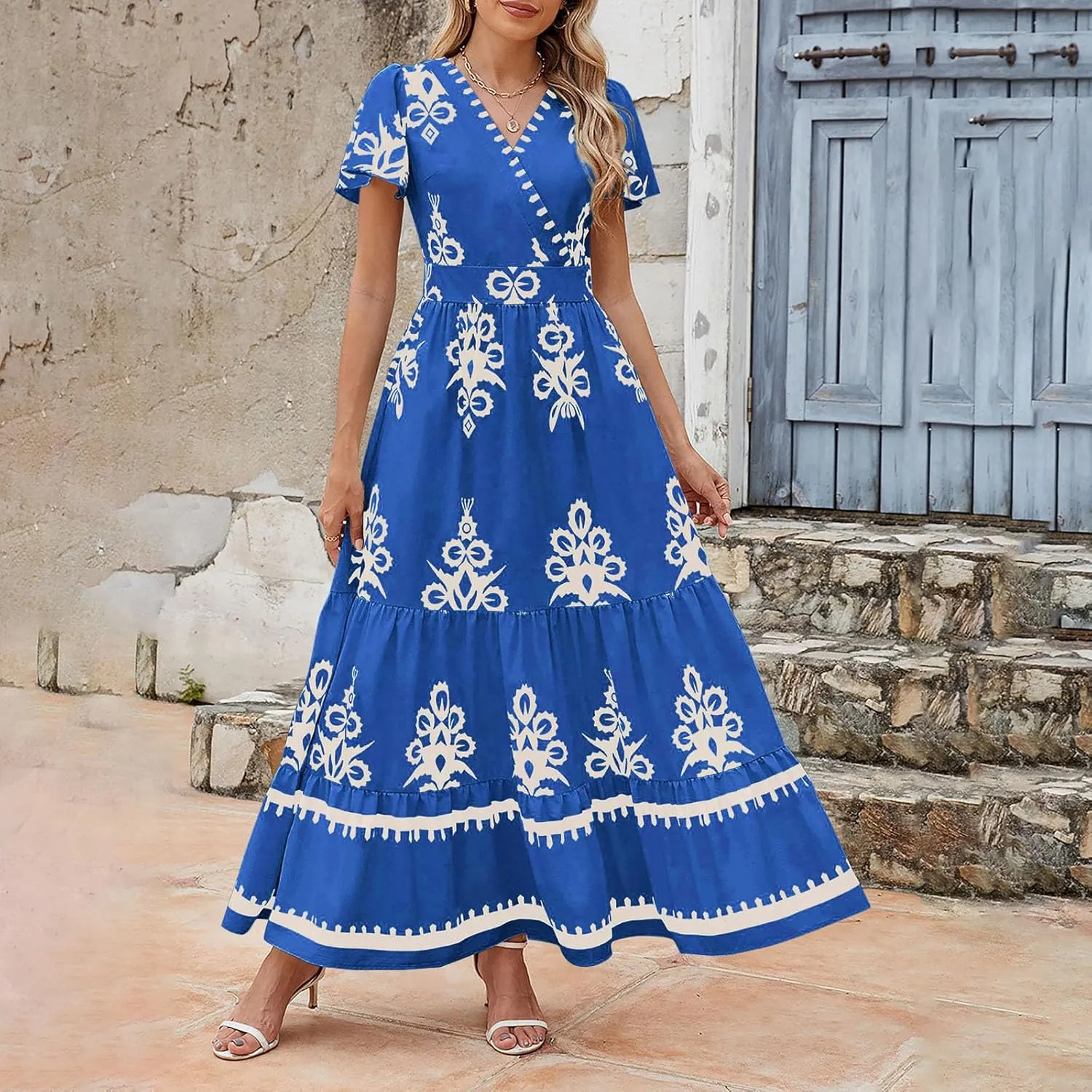 Flowy Dresses for Women V Neck Waist-Length Flowy a-Line Mini Dress Casual Loose Swing Midi Dresses with Pockets