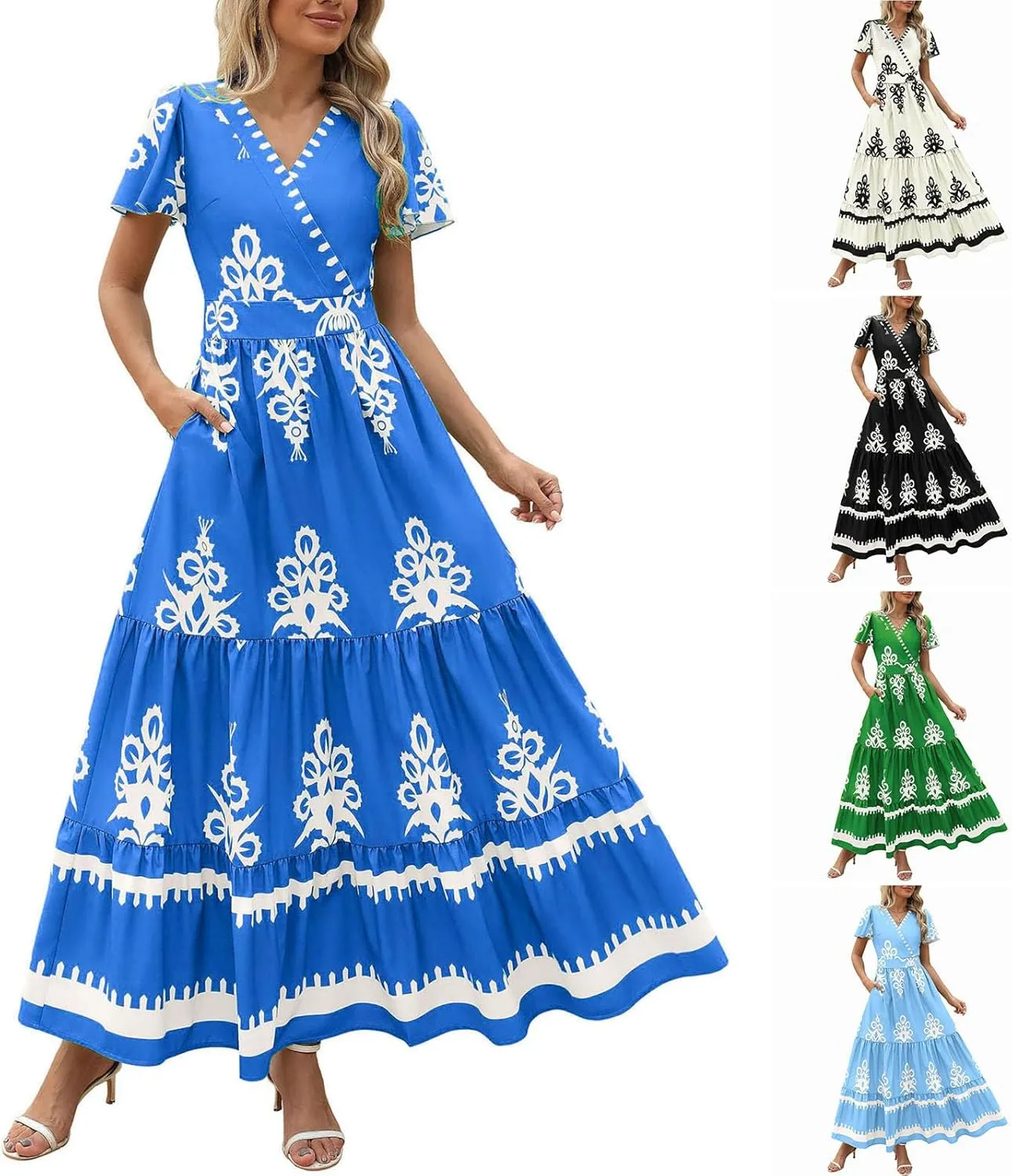 Flowy Dresses for Women V Neck Waist-Length Flowy a-Line Mini Dress Casual Loose Swing Midi Dresses with Pockets