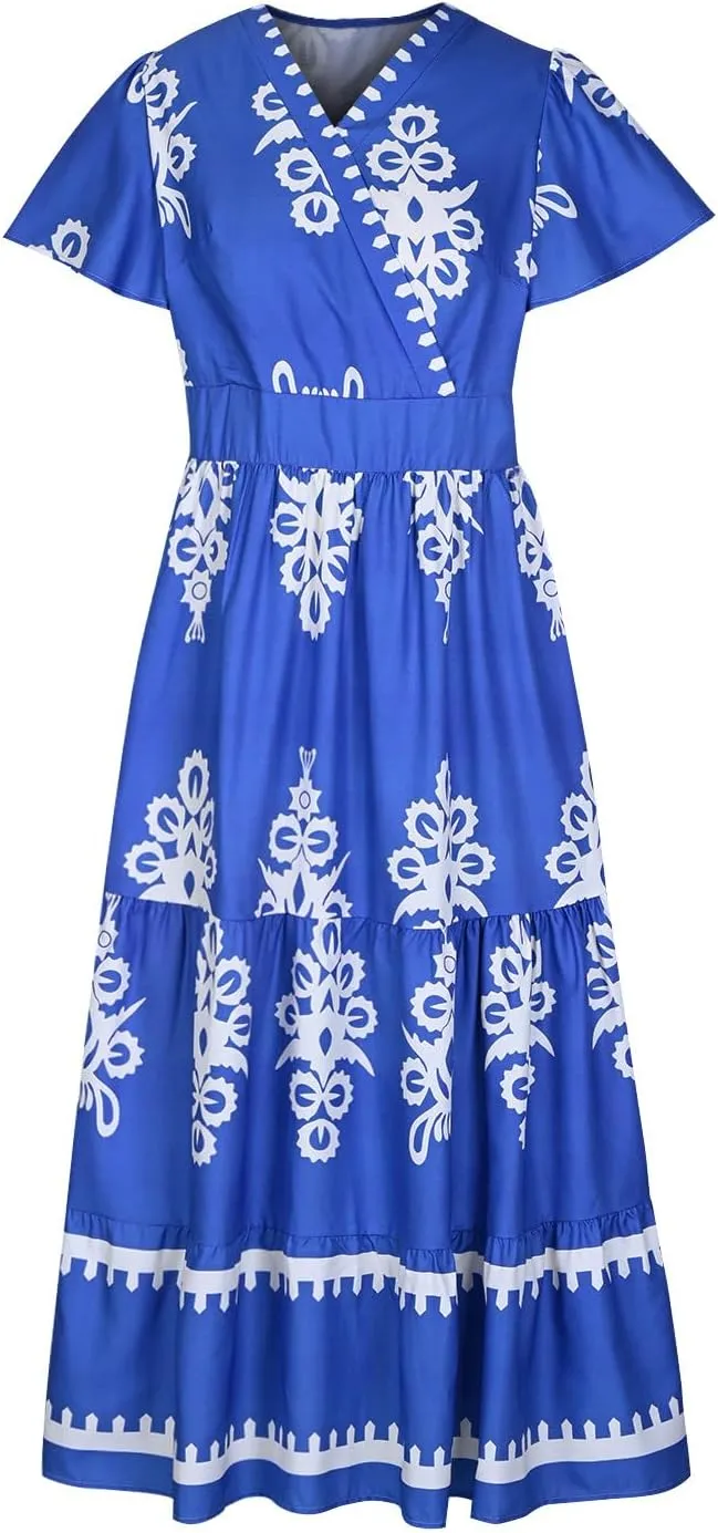 Flowy Dresses for Women V Neck Waist-Length Flowy a-Line Mini Dress Casual Loose Swing Midi Dresses with Pockets