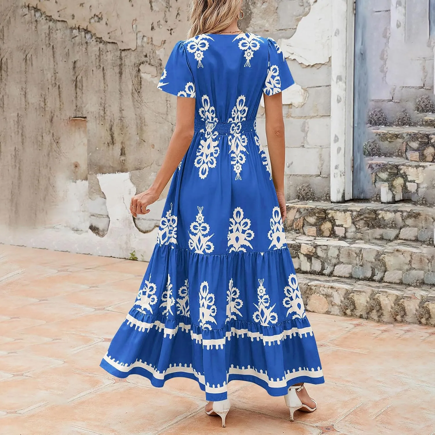 Flowy Dresses for Women V Neck Waist-Length Flowy a-Line Mini Dress Casual Loose Swing Midi Dresses with Pockets