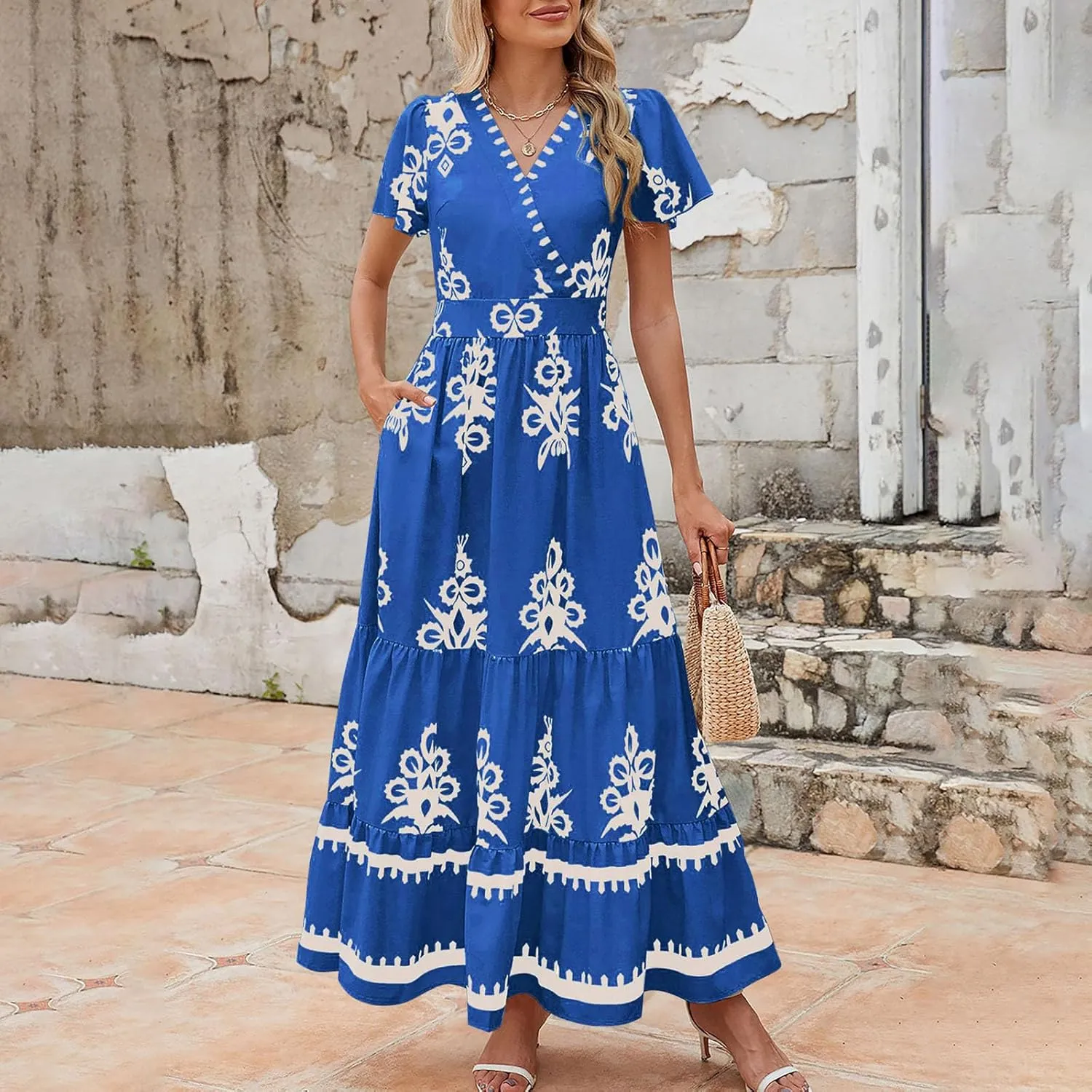 Flowy Dresses for Women V Neck Waist-Length Flowy a-Line Mini Dress Casual Loose Swing Midi Dresses with Pockets